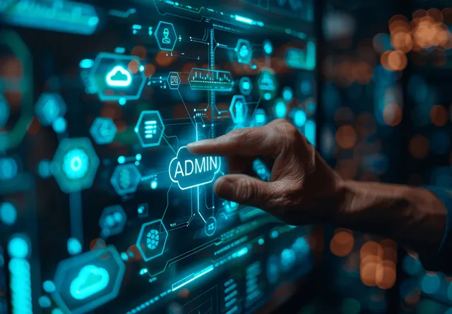 Hand touching glowing admin interface icons on futuristic digital network wall