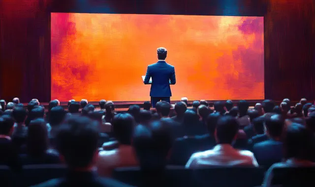 A business presenter stands before a seated audience, gesturing toward a bright stage screen in a conference hall.
