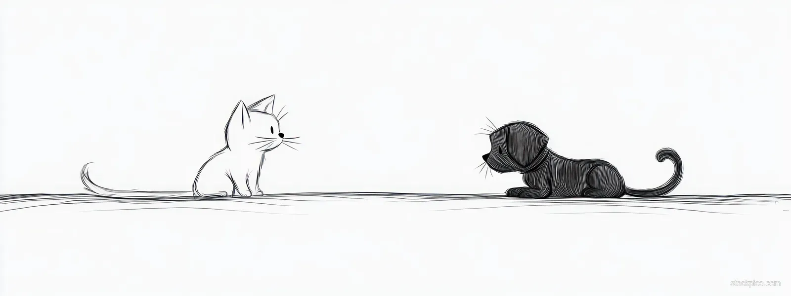 Minimalist line art of a white cat and a black dog facing each other on a plain white background.