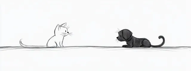 Minimalist line art of a white cat and a black dog facing each other on a plain white background.