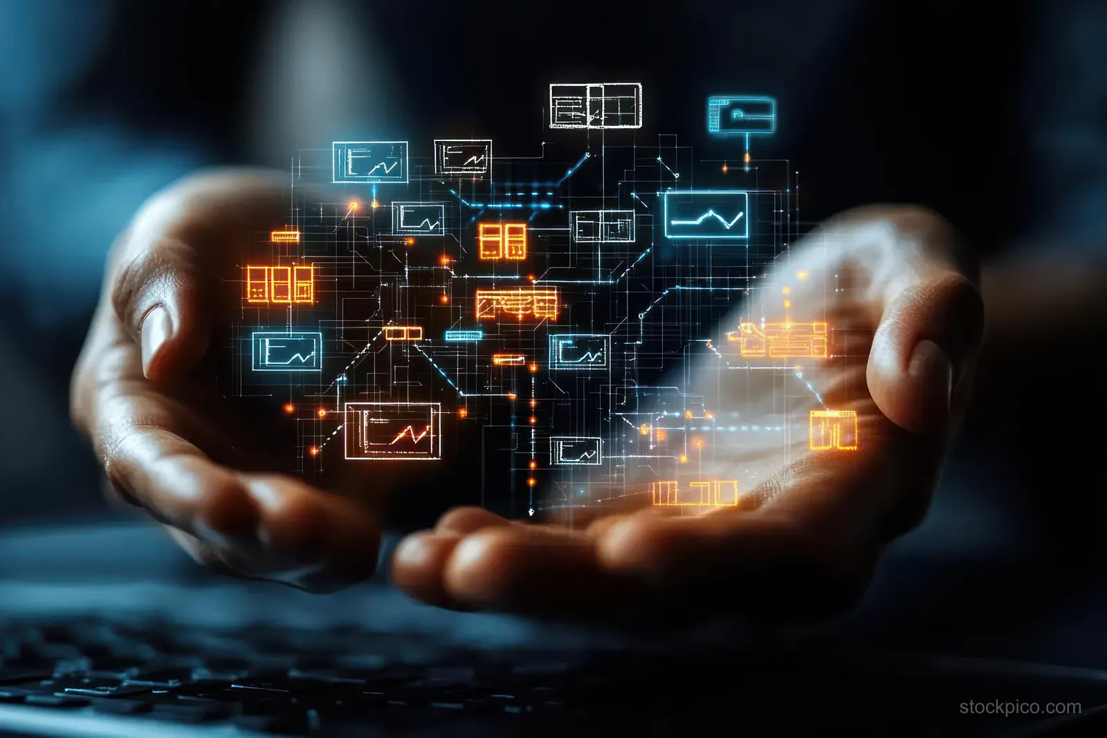 Glowing holographic logistics icons float above open hands with a dark blue futuristic background.