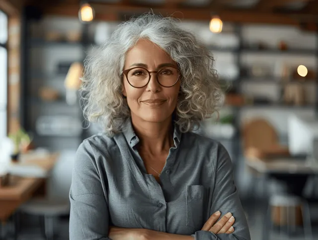 Smiling middle-aged CEO with curly gray hair and glasses stands with arms crossed in a modern office.