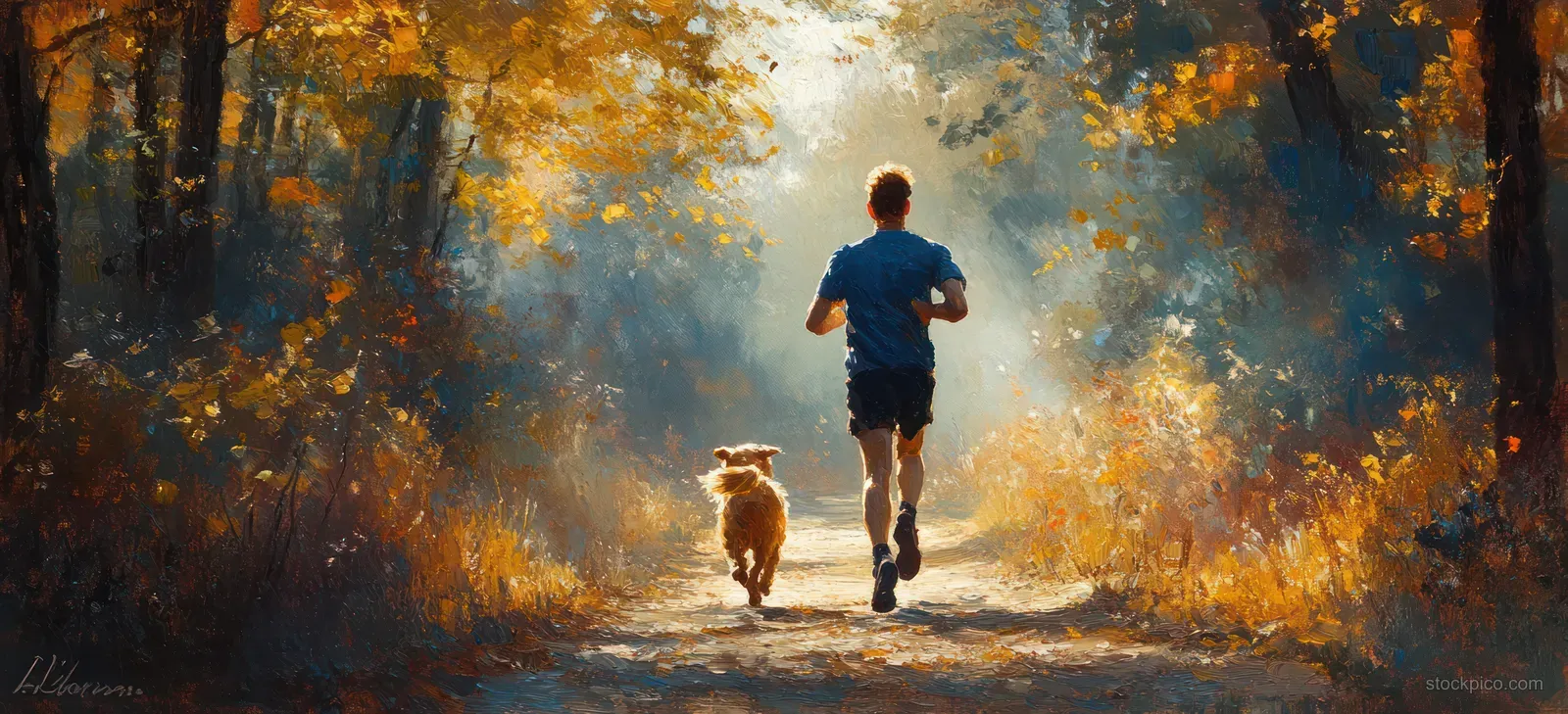 Teenage girl jogging with a Weimaraner dog along a sunlit forest trail in summer.