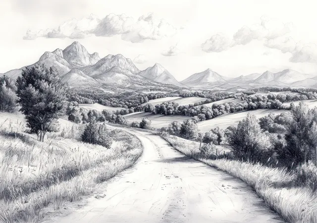 Monochrome rural road winding through snowy fields with distant mountain peaks