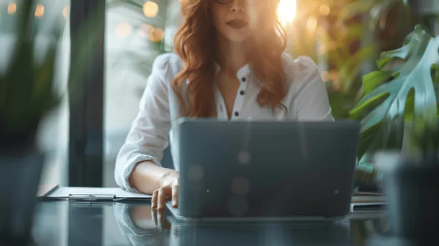 Businesswoman Typing on Laptop at Office Desk Near Window