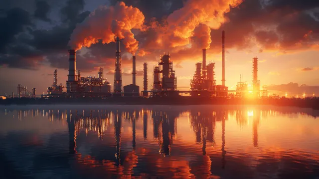 Oil refinery plant at dawn with smoke stacks and glowing water reflection