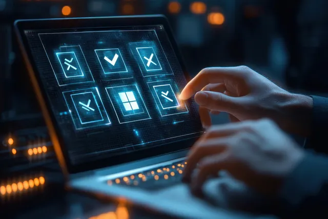 A hand touches a laptop’s holographic interface showing checkmarks and crosses in a dark environment.