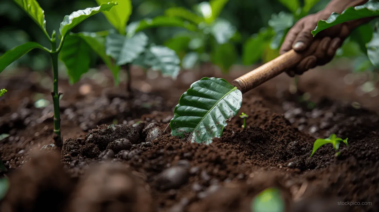 Close-up of hands using a small trowel to tend a young seedling in dark rich soil.