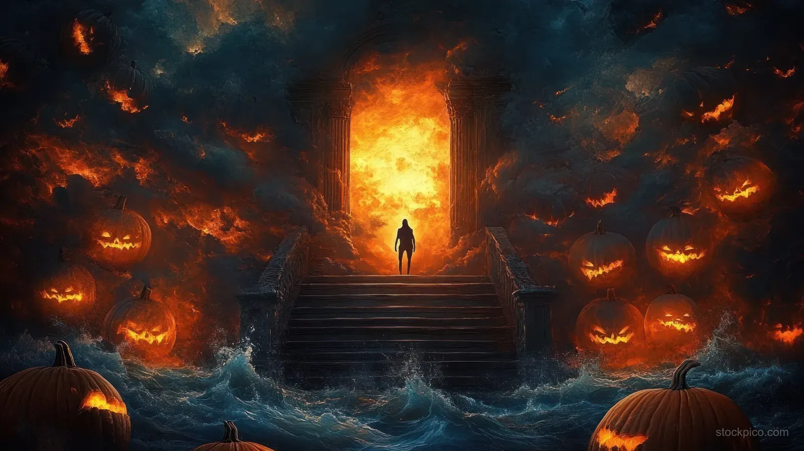A silhouetted figure climbs stone stairs toward a fiery doorway amid floating glowing jack-o'-lantern pumpkins over stormy water.