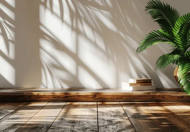 Sunlit wooden table with stacked books, palm leaves, and soft wall shadows