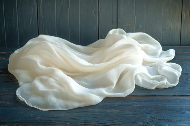 Crumpled white bandana with soft folds lying on a dark wooden tabletop.