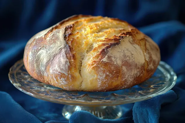 A rustic round loaf with a golden crust on a clear glass stand against soft blue fabric background.