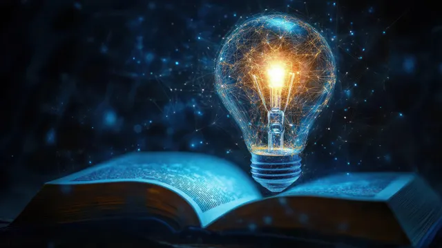 Glowing light bulb hovering over an open book with blue network connections in a dark futuristic space.