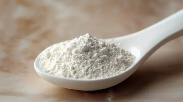 A white ceramic spoon holds fine white powder on a softly lit beige background.