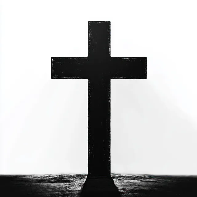 Black cross silhouette casting long shadow on textured ground against bright white backdrop