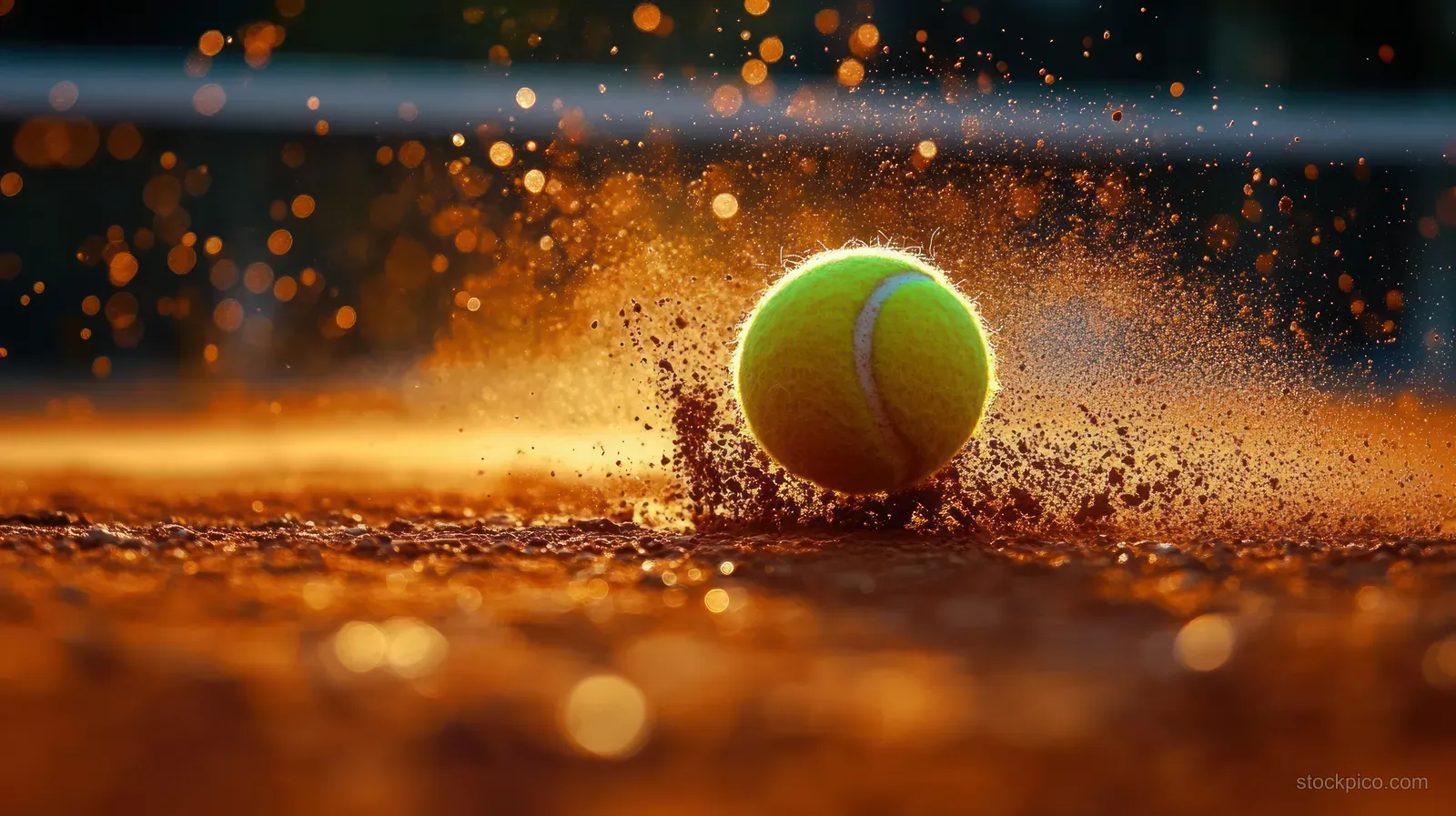 Yellow tennis ball bouncing on a clay court with dust particles rising under golden hour light.