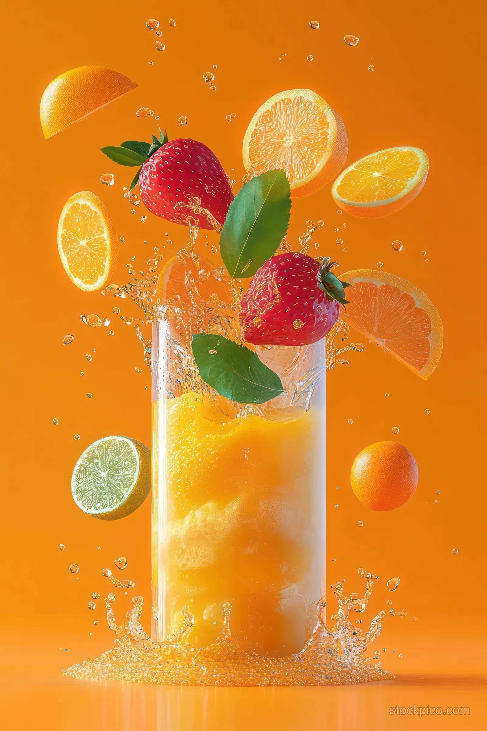 Apricot drink splash in a clear glass with floating citrus slices and green leaves on an orange background.