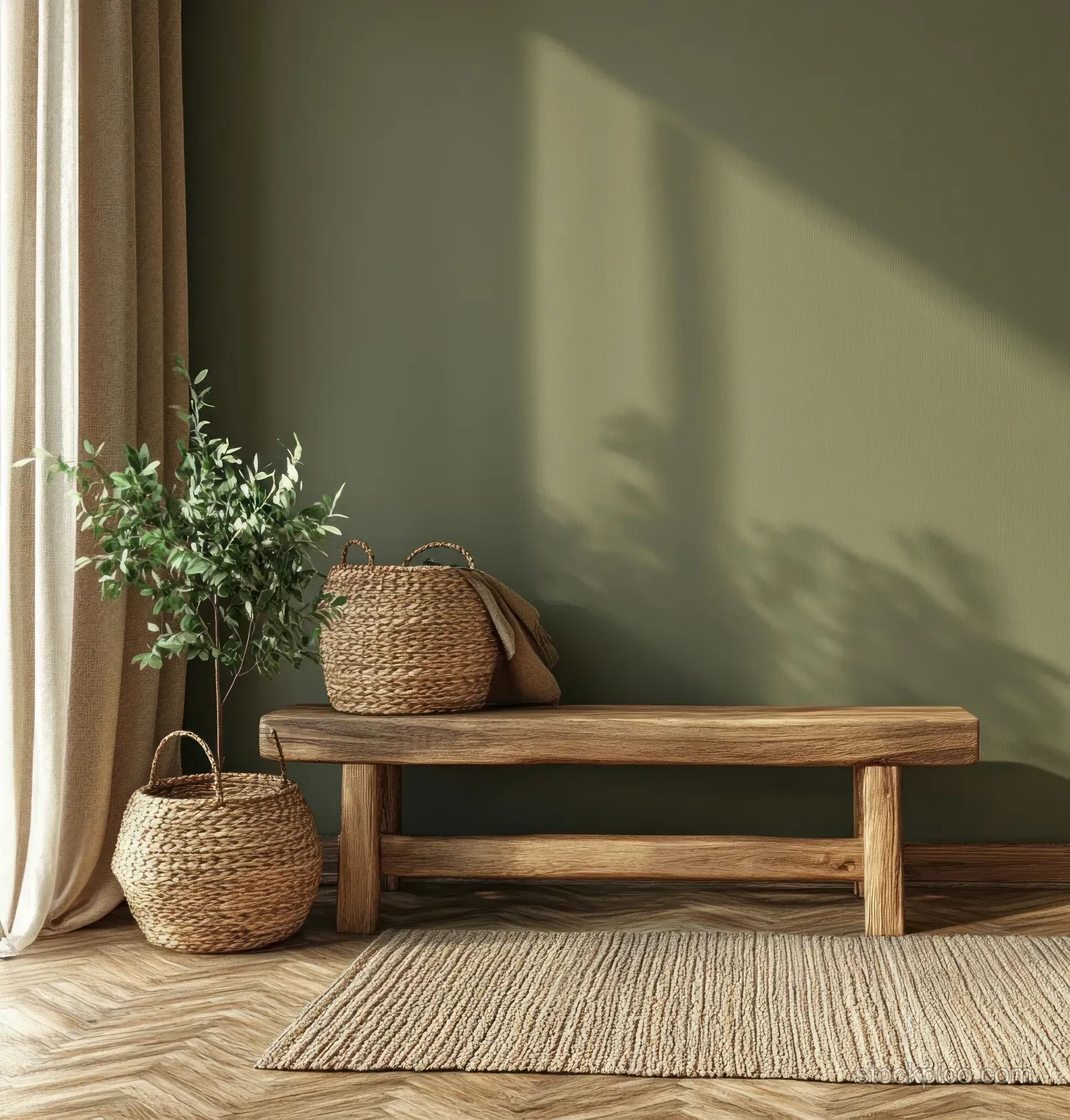 Cozy living room corner with olive green wall, wooden bench, woven baskets, and an earth-toned rug in soft daylight.