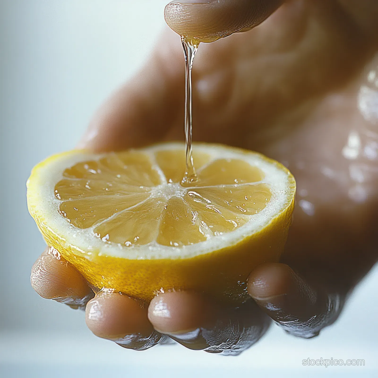 A hand squeezing a halved lemon with fresh juice dripping from fingers in close-up.