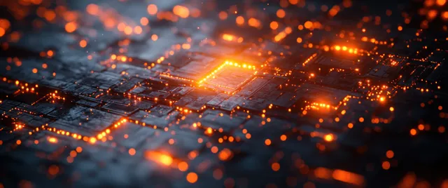 Futuristic city at night with glowing orange network lines and scattered bokeh lights.