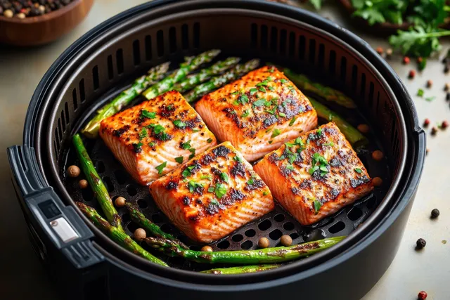 Four grilled salmon fillets in a black air fryer basket with asparagus, herbs, and visible peppercorns.