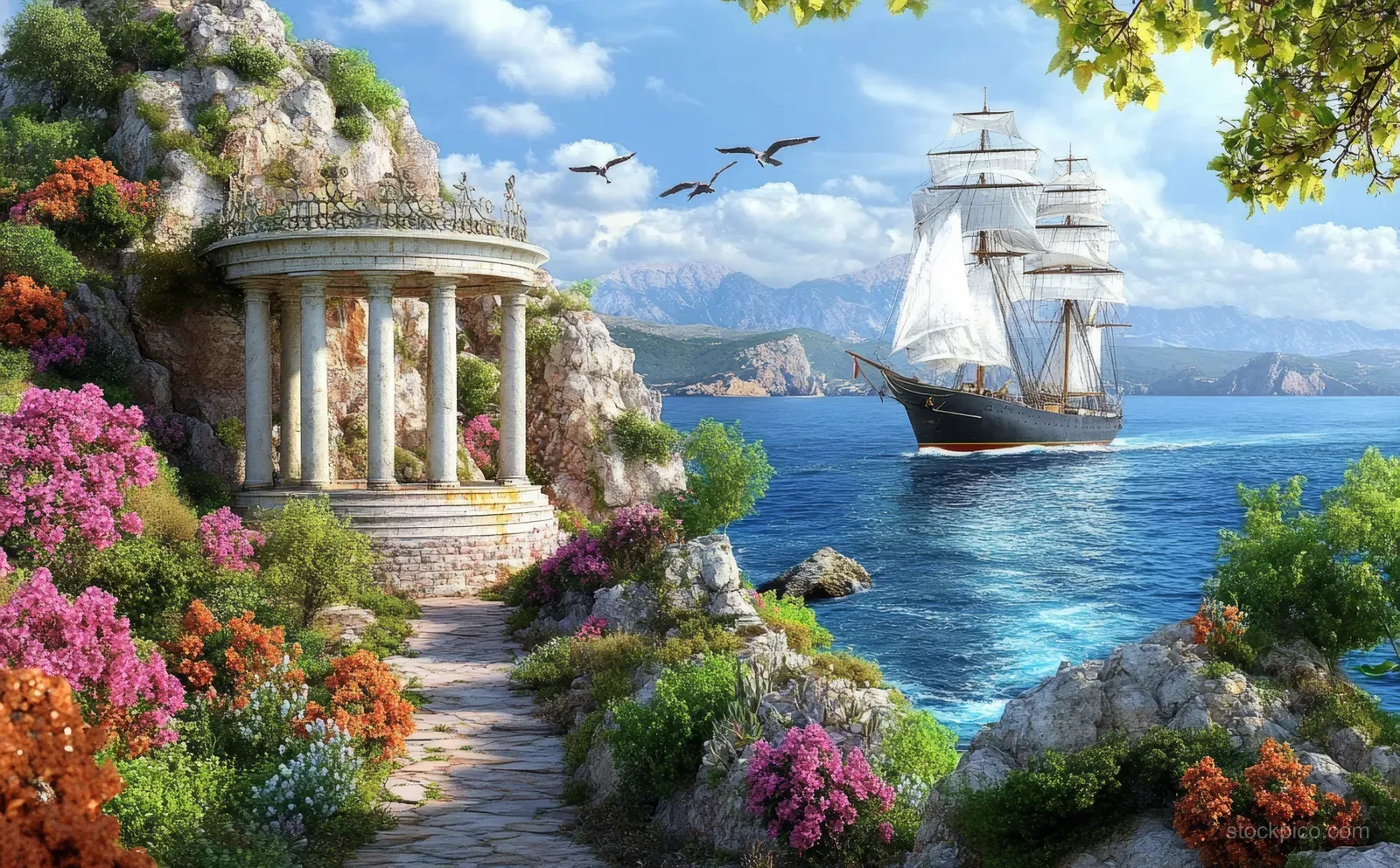 Stone gazebo and flower-lined path overlook a sailboat on turquoise sea with distant mountains.