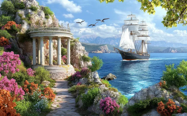 Stone gazebo and flower-lined path overlook a sailboat on turquoise sea with distant mountains.
