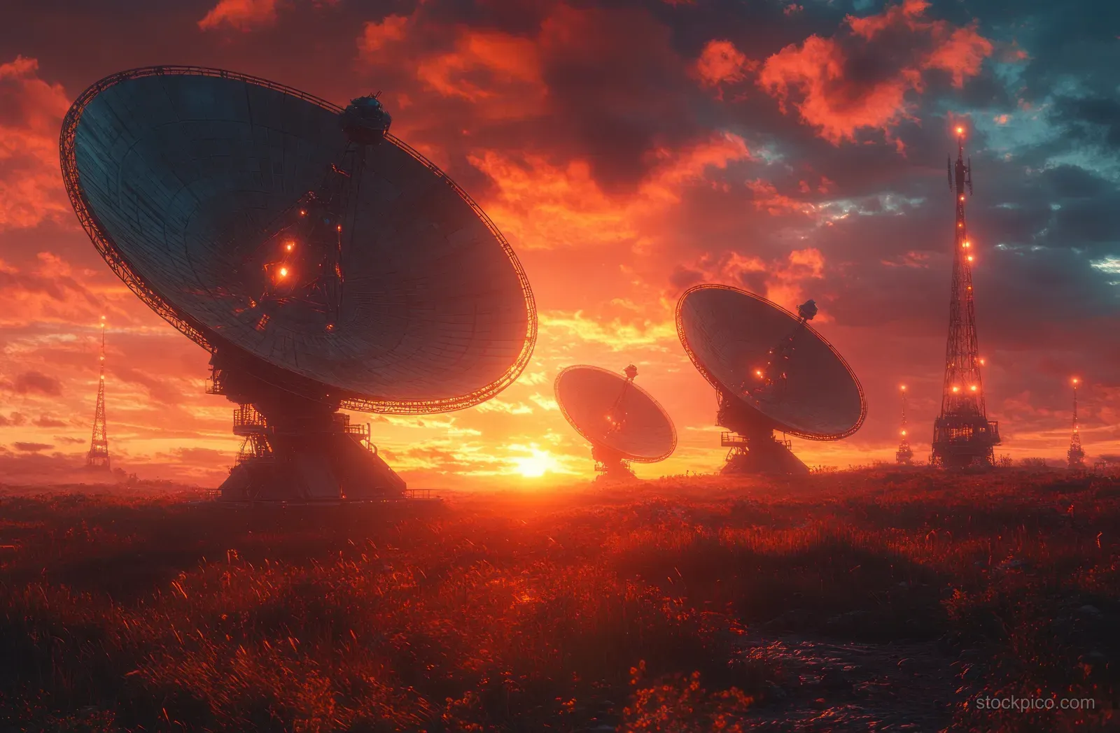 Futuristic satellite dishes silhouette on a field during sunset with glowing lights under dramatic clouds.