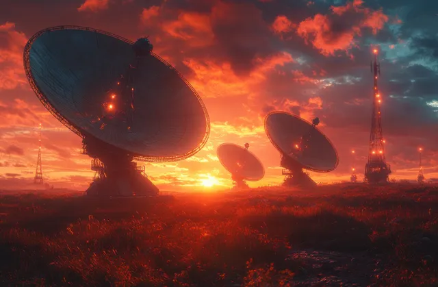 Futuristic satellite dishes silhouette on a field during sunset with glowing lights under dramatic clouds.