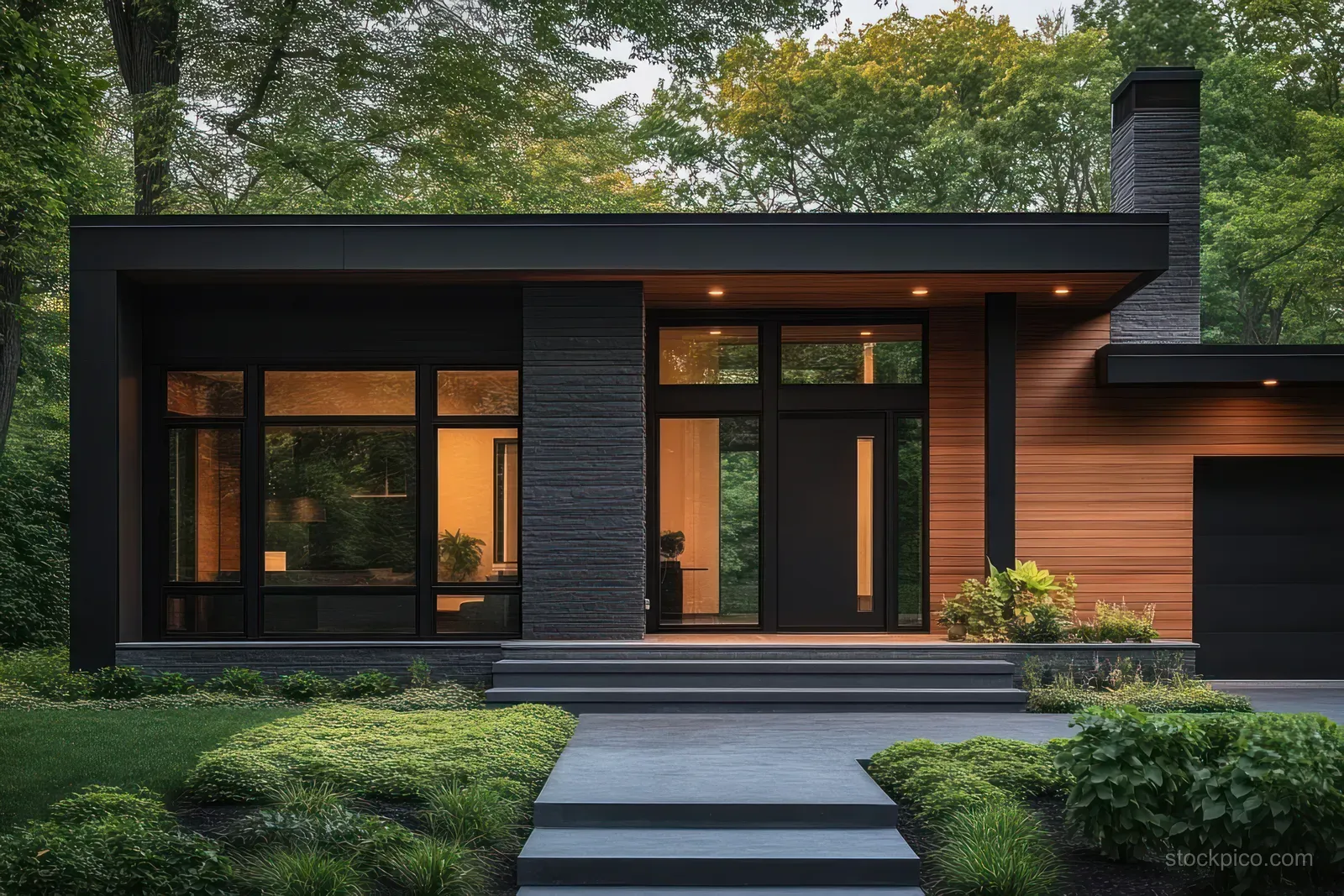 A modern single-story house at dusk shows warm lights behind large glass windows and landscaped front steps.
