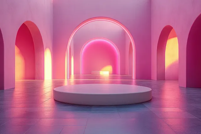 A minimalist 3D render features a pink archway and circular pedestal on a clean stage for product showcasing.