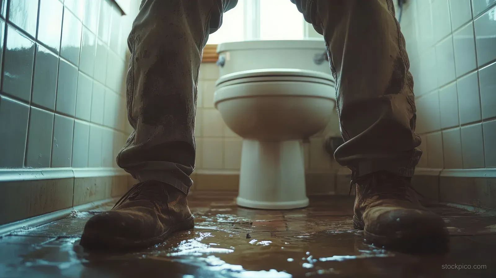 Boots and wet pant legs stand in floodwater on a bathroom tile floor beside a toilet.
