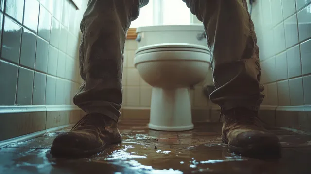 Boots and wet pant legs stand in floodwater on a bathroom tile floor beside a toilet.