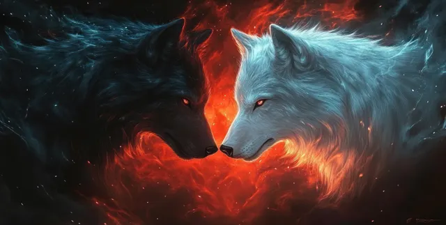 Black and white wolves face off as fiery embers and smoke glow behind them