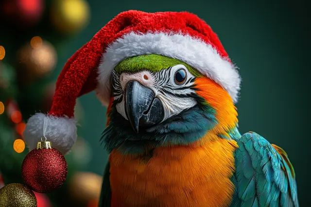 Colorful parrot wearing a Santa hat with Christmas ornaments and glowing bokeh lights in the background.