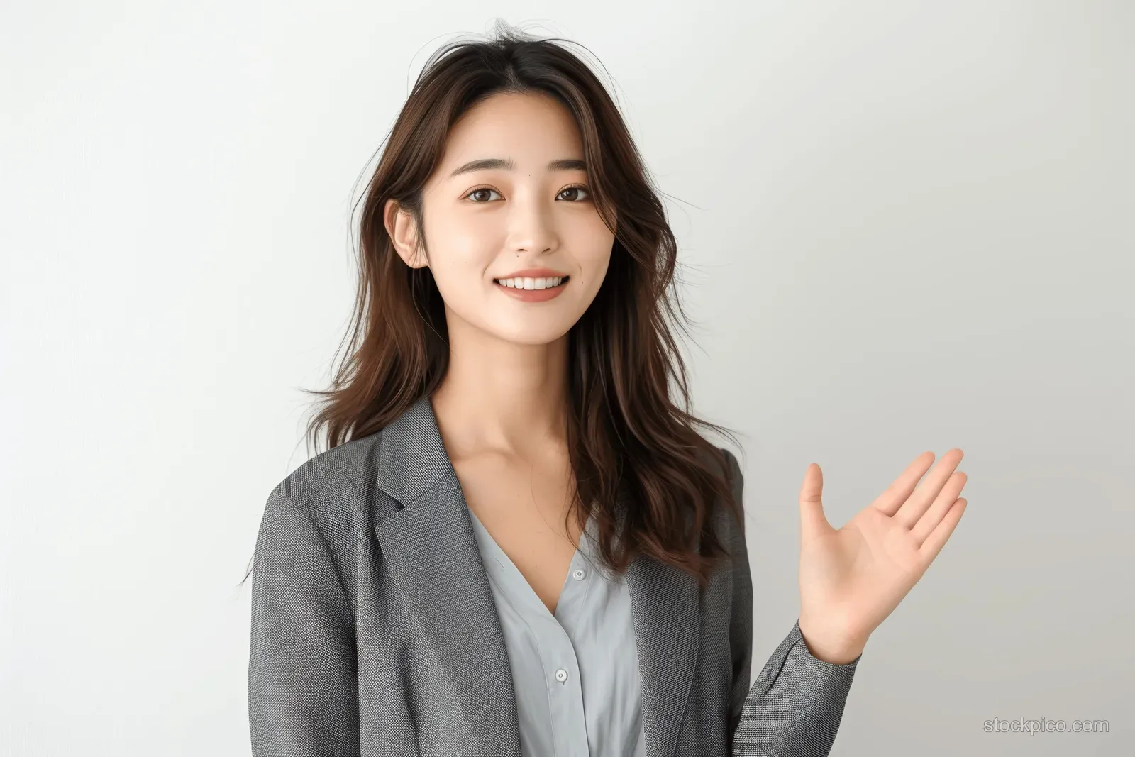 A smiling Japanese businesswoman in a gray suit gestures with an open hand on a white background.