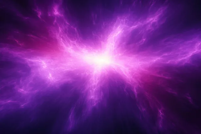 Purple and pink nebula radiates bright magenta light with lightning-like electric filaments across dark space.