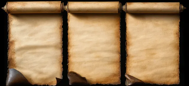 Three aged blank parchment scrolls with curled edges are arranged side by side on a dark background.
