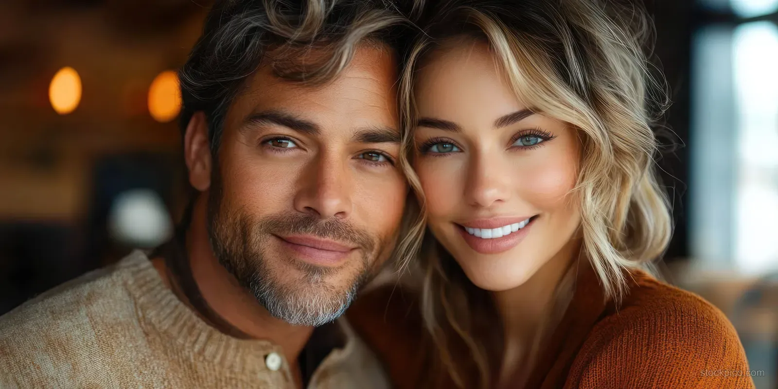 Smiling mature interracial couple posing closely in a cozy loft with warm light.