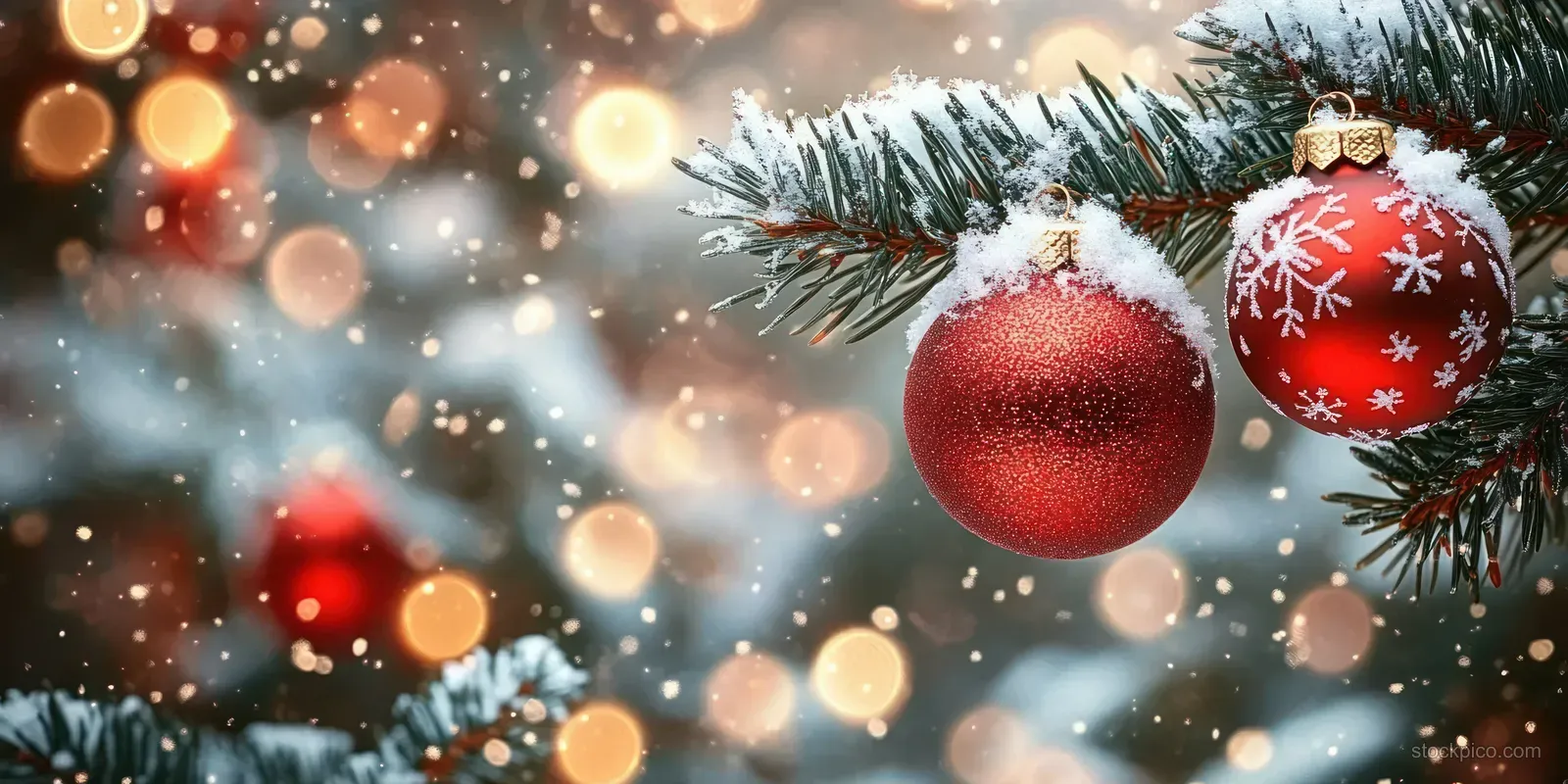 Snowy pine branch with two red Christmas ornaments hanging against softly glowing holiday light bokeh.