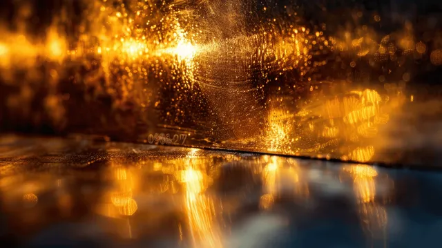 Golden spark particles burst over dark river surface with shimmering reflections at dusk