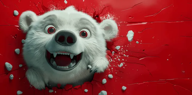 A smiling cartoon polar bear bursts through a red wall with cracks and scattered debris around it.