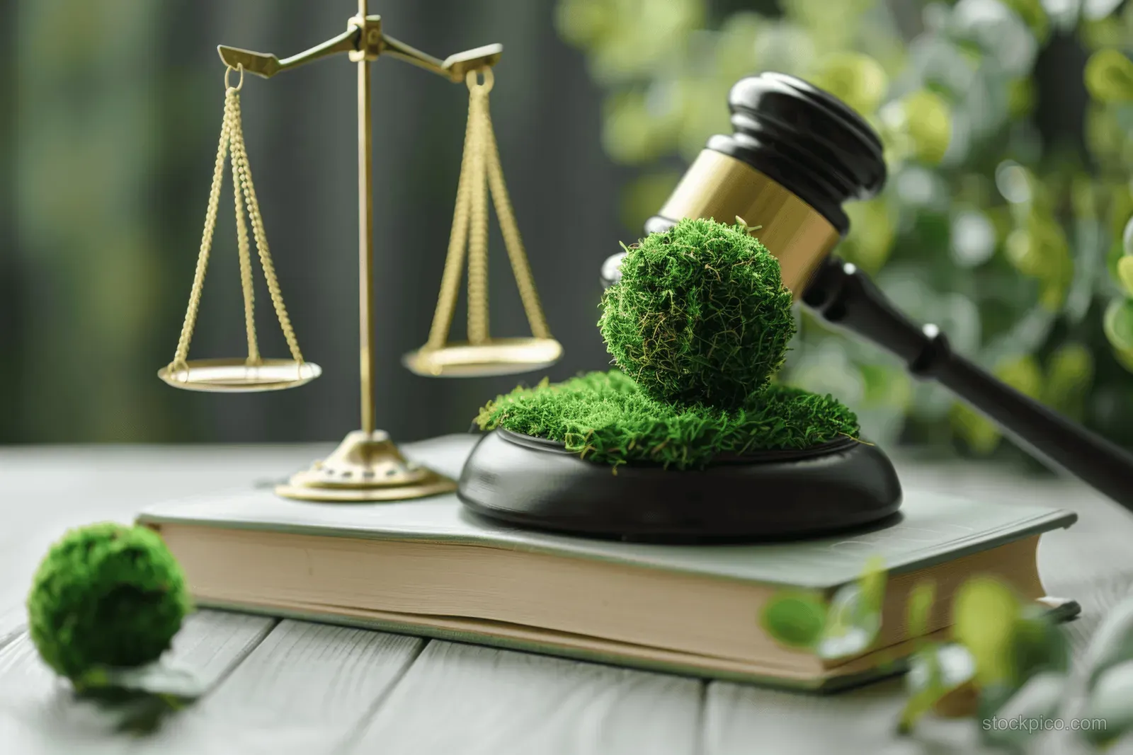 Brass courtroom scales balance a mossy green globe-shaped object beside a gavel on a legal book.