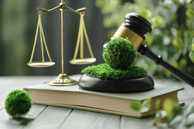 Brass courtroom scales balance a mossy green globe-shaped object beside a gavel on a legal book.