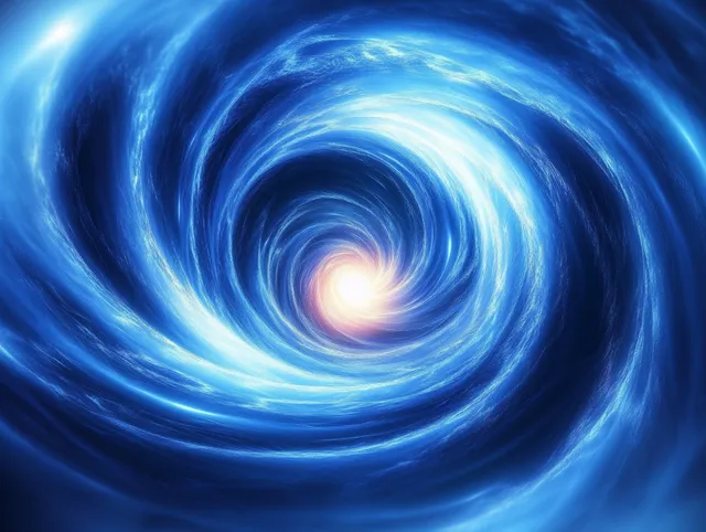 Glowing blue energy vortex spiraling inward toward a bright white center in deep space