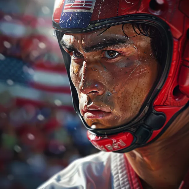 US taekwondo athlete in white dobok and headgear looks intensely forward before a match amid a blurred crowd.