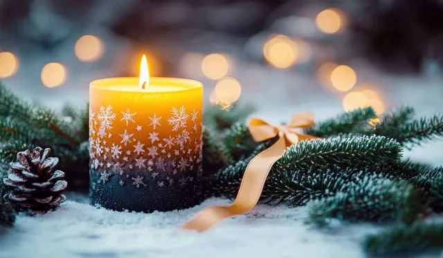 A lit winter candle with snowflake pattern rests among evergreen branches and pine cones on snowy ground.