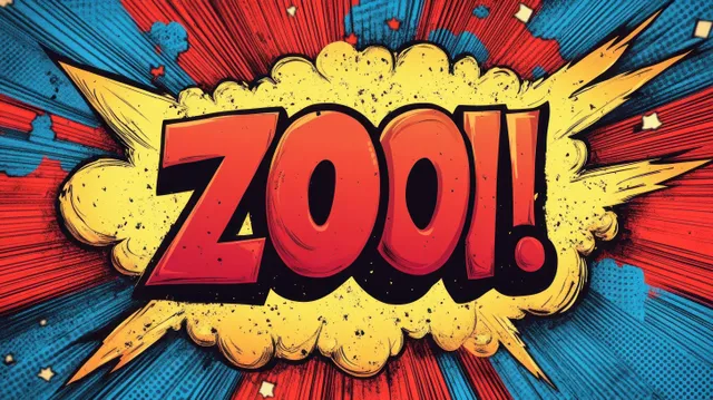 Pop art comic burst background with ZOO1 text and red yellow impact rays