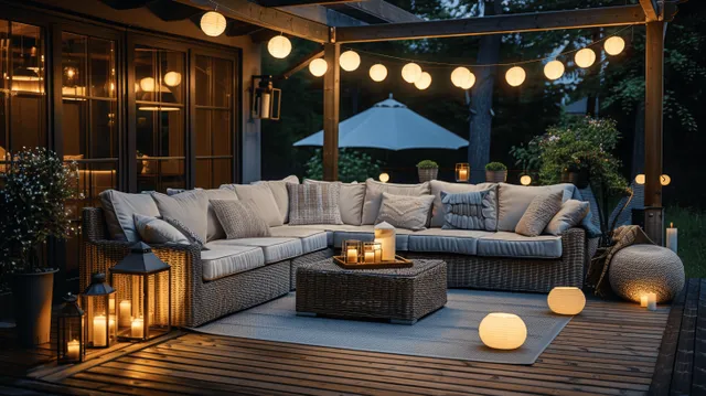 Warm lanterns and string lights light a wicker sofa seating area on a wooden patio under a garden gazebo at night.