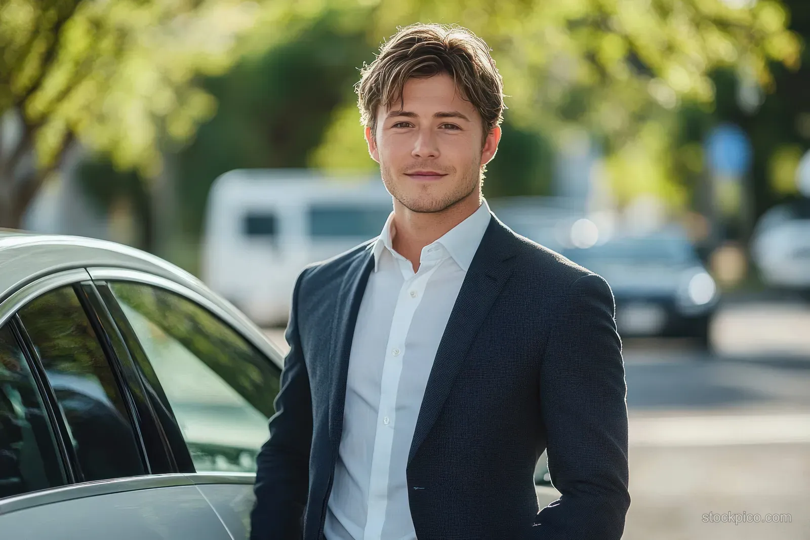 Young Asian man in a suit stands beside a white sedan on a sunny street during car appraisal.